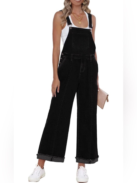 Denim - Vetinee Women’s Black Denim Loose Fit Wide Leg Overalls